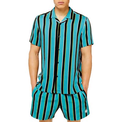 Topman Stripe Slim Fit Button-Up Camp Shirt, Blue