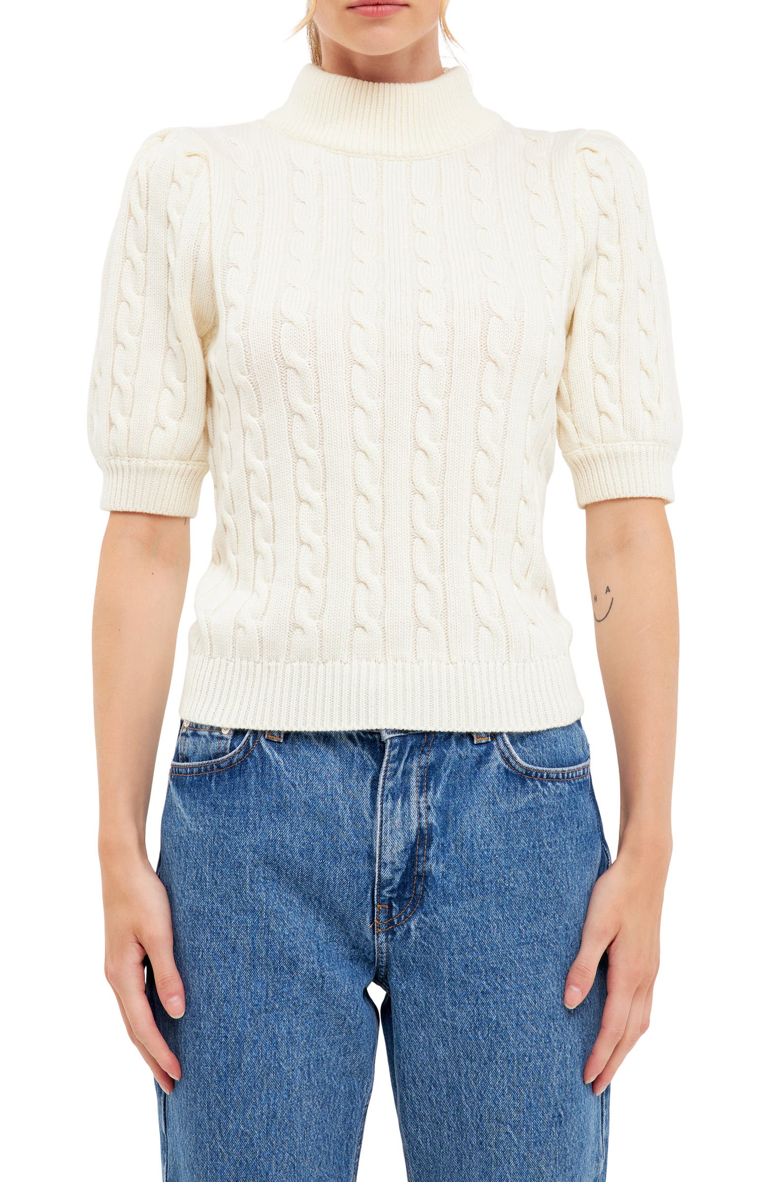 English Factory Puff Sleeve Cable Knit Sweater | Nordstrom
