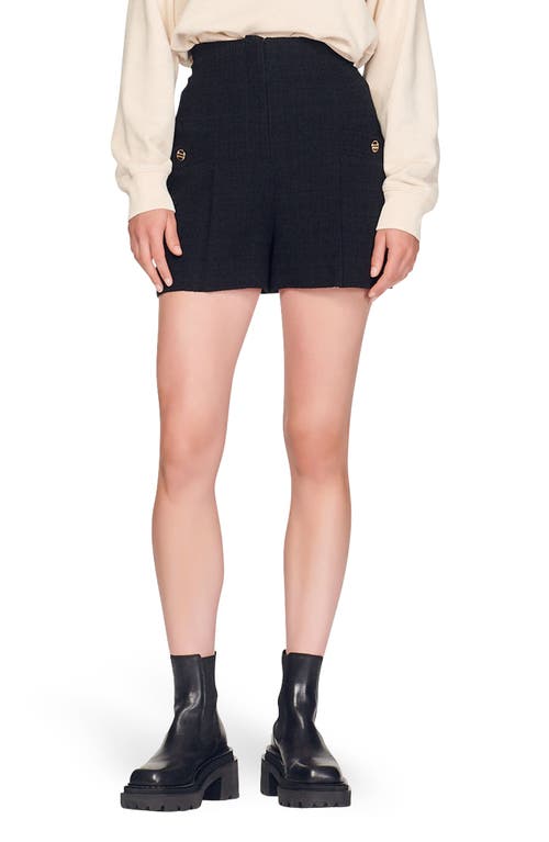 sandro Cadaques High Waist Pleated Tweed Shorts in Black