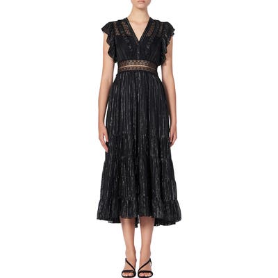 Sandro Dona Metallic Stripe & Lace Detail Midi Dress, US / 40 FR - Black