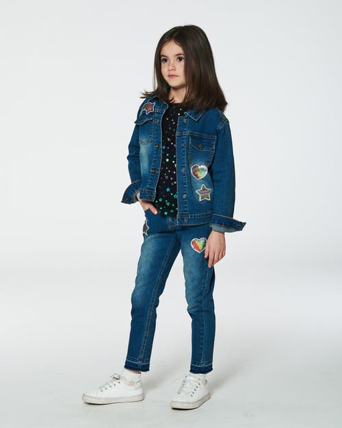 Shop Deux Par Deux Girl's Denim Jacket With Embroidery Patch In Navy Denim