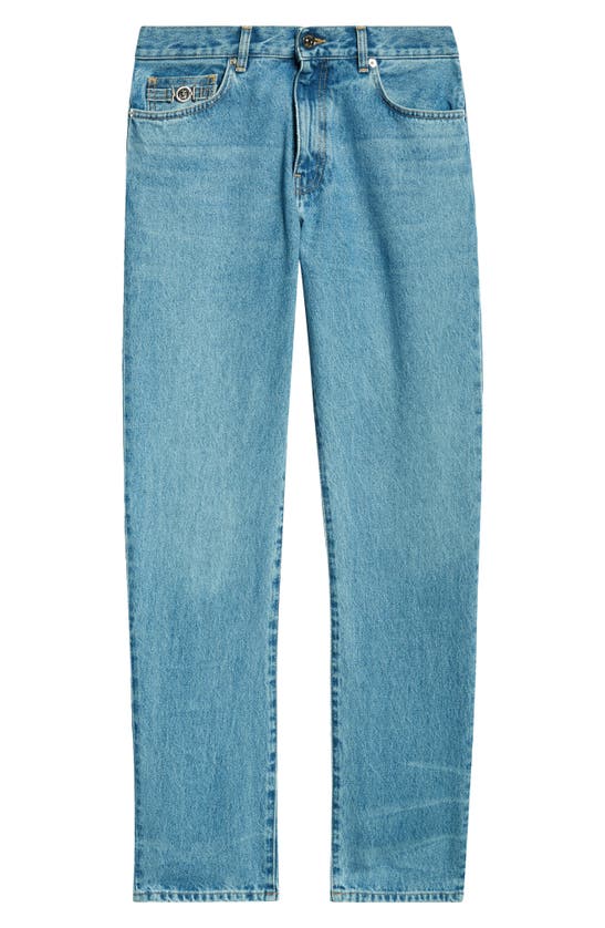 Shop Versace Regular Fit Medusa Biggie Detail Jeans In Faded Light Blue