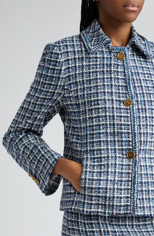 Shop Etro Plaid Tweed Jacket In Blue Multi