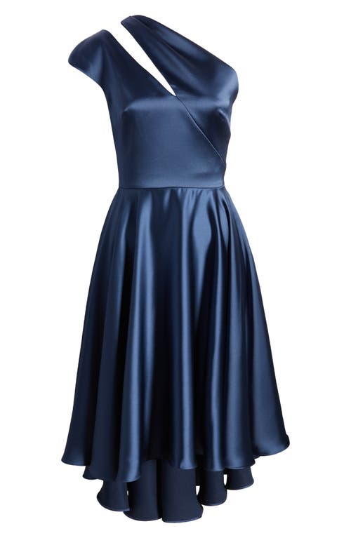 Amsale One-Shoulder High-Low Satin Cocktail Dress in French Blue