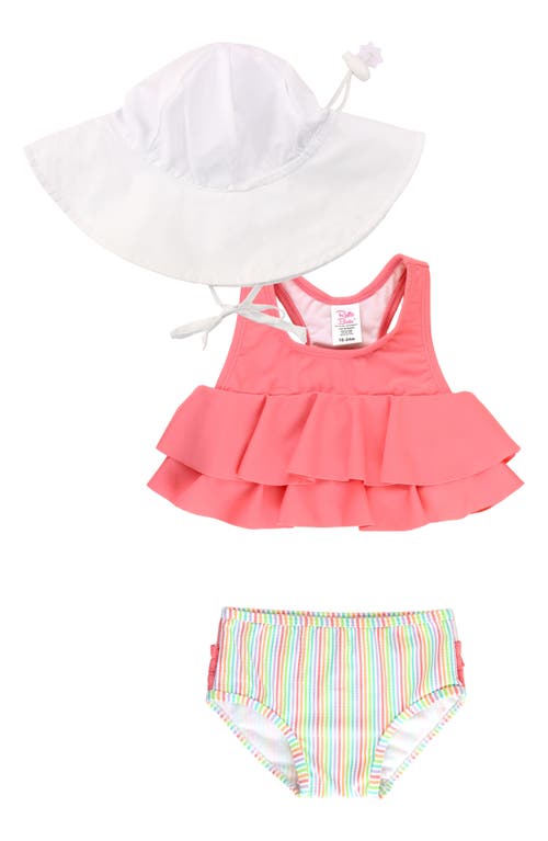 RuffleButts Rainbow Flounce Two-Piece Swimsuit & Hat Set in Pink