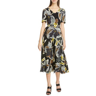 Lafayette 148 New York Roland Belted Floral Silk Midi Dress, Black