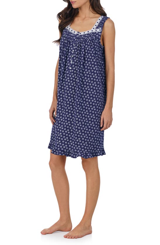 Shop Eileen West Sleeveless Lace Trim Cotton Short Nightgown In Navy Print