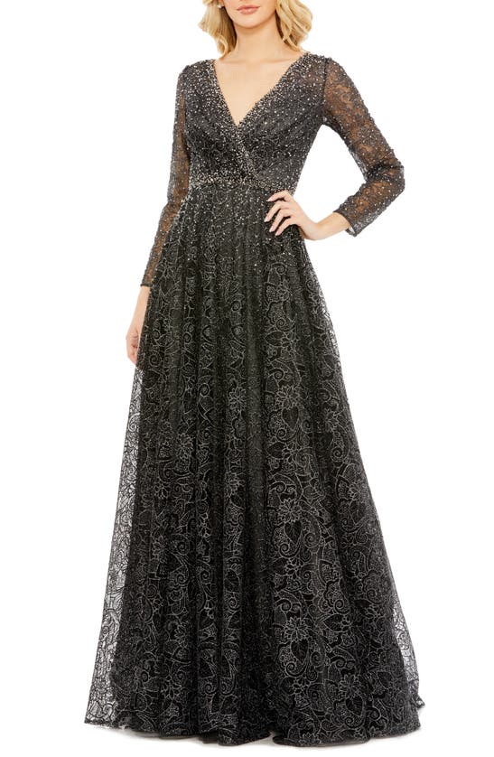 Mac Duggal Floral Embellished Long Sleeve A-line Gown In Graphite
