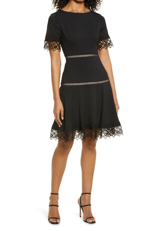 Embroidered Detail Fit & Flare Crepe Cocktail Dress in Black