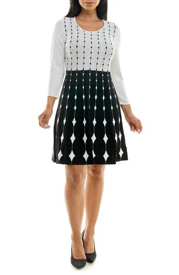 Nina Leonard Two-tone Fit & Flare Sweater Dress In Ivory/black
