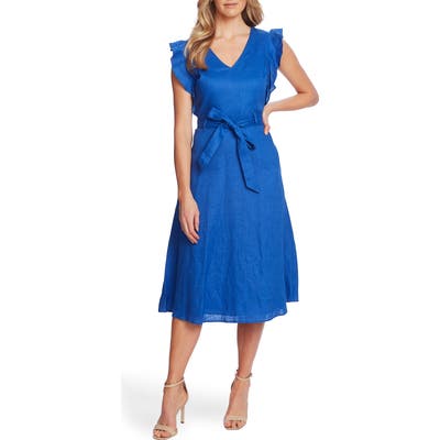 Cece Flutter Sleeve Belted Linen Midi Dress, Blue