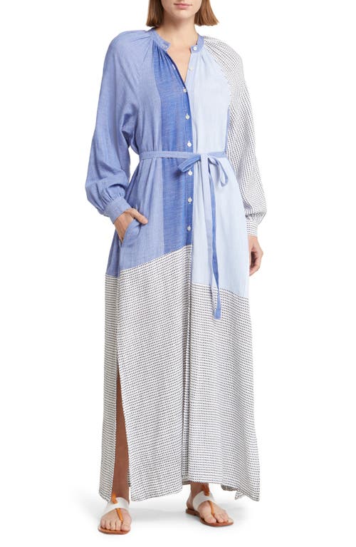 Makeda Long Sleeve Tie Belt Cotton Blend Cover-Up Dress in Sisay Blue