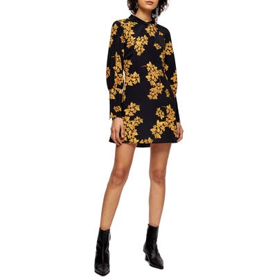 Topshop Floral Print Long Sleeve Minidress, US (fits like 14) - Black