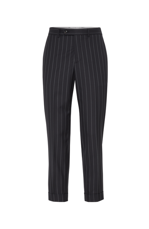 Shop Brunello Cucinelli Super 150s Virgin Wool Wide Chalk Stripe Batavia Formal Fit Trousers In Black