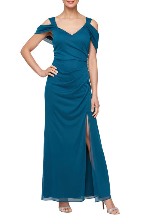Alex Evenings Embellished Cold Shoulder Chiffon Gown Peacock at Nordstrom,