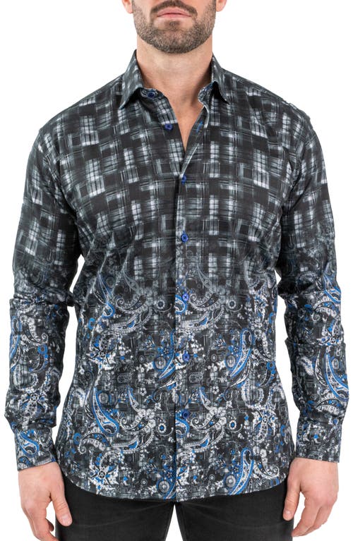 Maceoo Fibonacci Paisleyblue Black Contemporary Fit Button-Up Shirt 