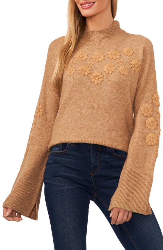 Cece Floral Embroidered Mock Neck Sweater In Latte Heather Brown