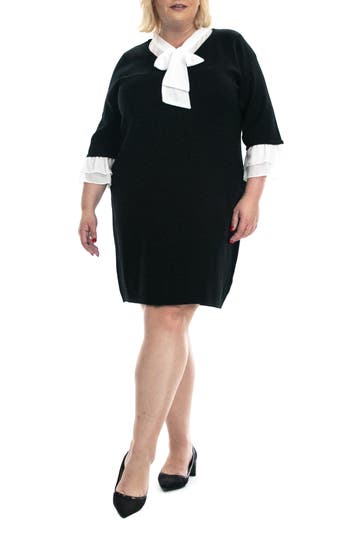 Shop Nina Leonard Three-quarter Sleeve Bow Tie Sweater Dress In Black/ivory