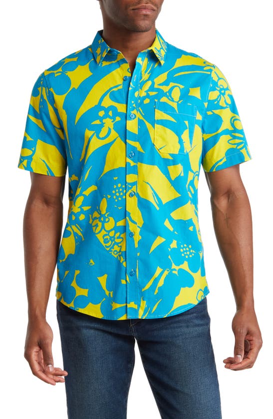 Abound Patterned Short Sleeve Stretch Shirt In Blue Danube- Yellow Big Floral