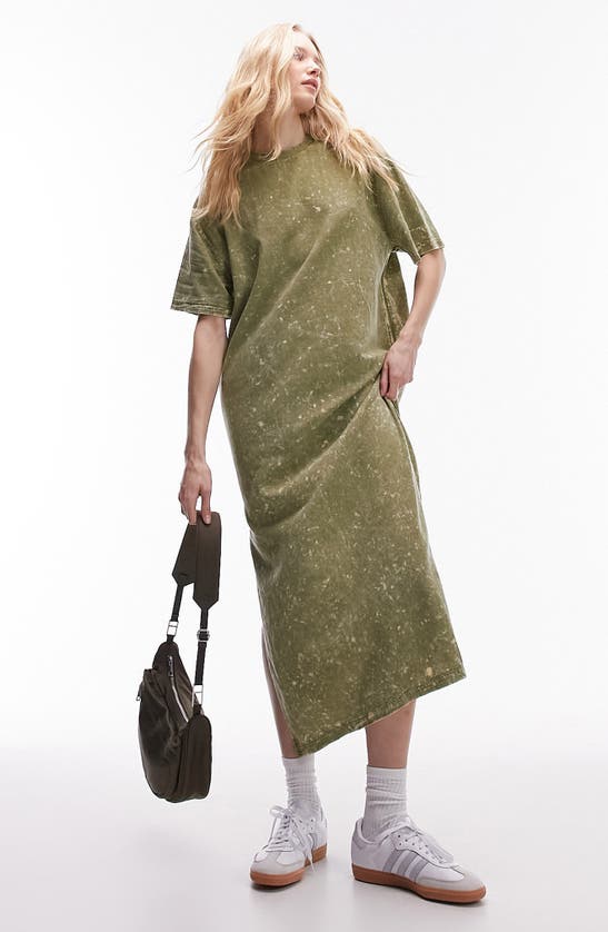 Shop Topshop Oversize Cotton & Linen T-shirt Dress In Mid Green