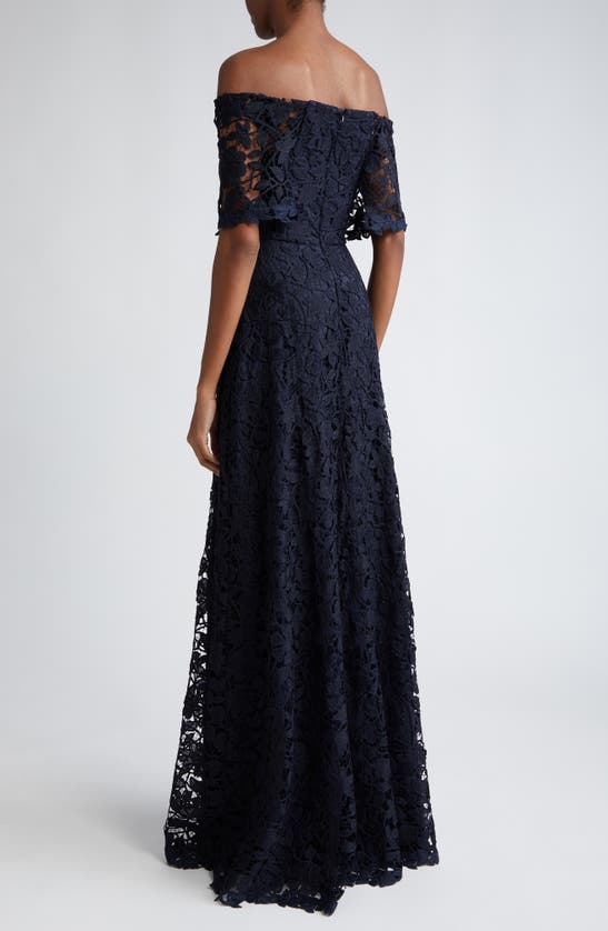 Shop Lela Rose Deedie Off The Shoulder Guipure Lace Gown In Navy