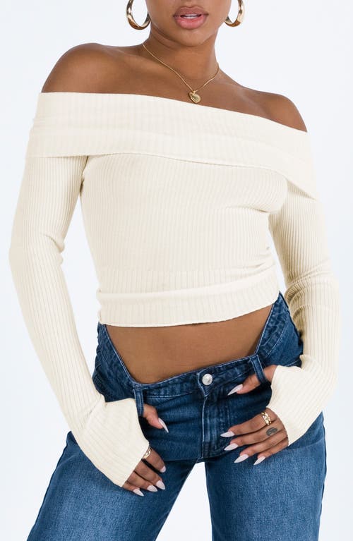 Princess Polly Morley Foldover Off the Shoulder Rib Sweater in Light Beige 