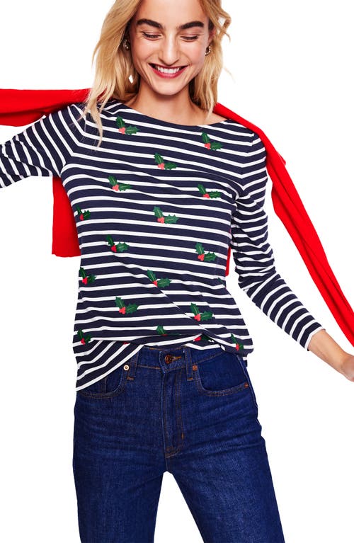 Shop Boden Ella Holiday Stripe Long Sleeve Cotton T-shirt In Navy Holly Stripe