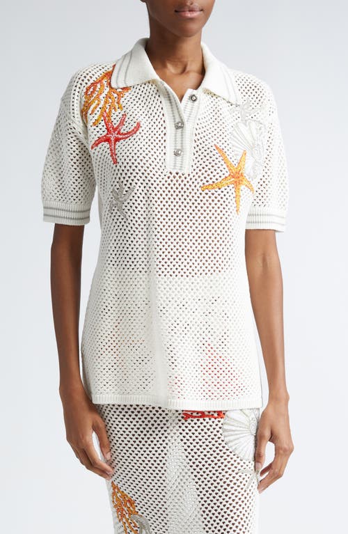 Versace Coral Embroidered Cotton Open Stitch Polo Ivory at Nordstrom, Us