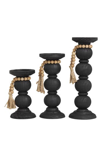 Willow Row Set Of 3 Wood Pillar Candle Holders In Black