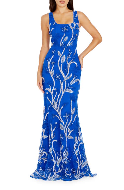 Tyra Beaded Floral Chiffon Mermaid Gown in Electric Blue Multi