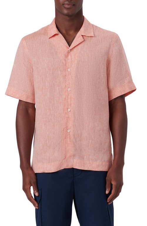 Bugatchi Shaped Fit Short Sleeve Linen Button-Up Camp Shirt in Tangerine