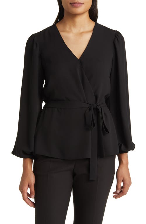 Anne Klein Long Sleeve Faux Wrap Top in Anne Black at Nordstrom, Size Xx-Small
