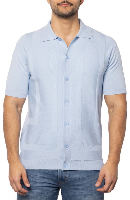 Shop Spring + Mercer Textured Short Sleeve Button-up Sweater In Powder Blue