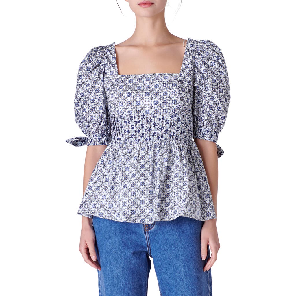 English Factory Mixed Print Cotton Peplum Top In White/blue