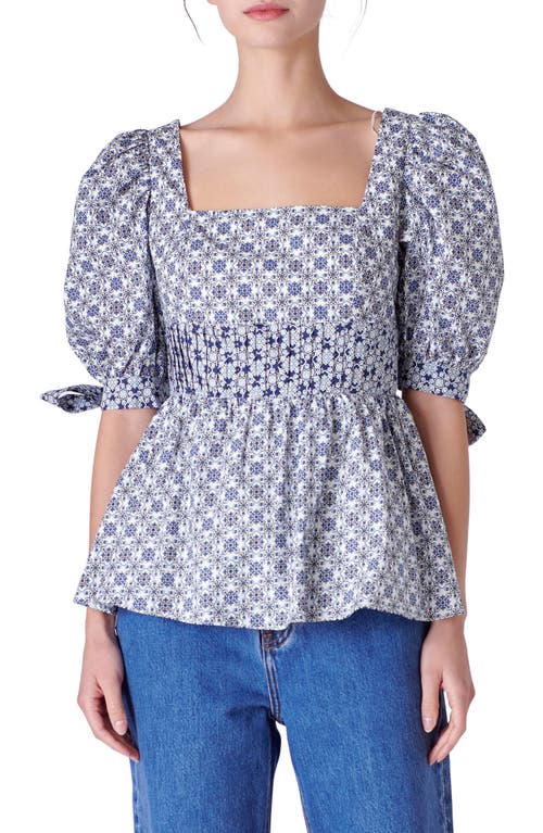 English Factory Mixed Print Cotton Peplum Top White/Blue at Nordstrom,