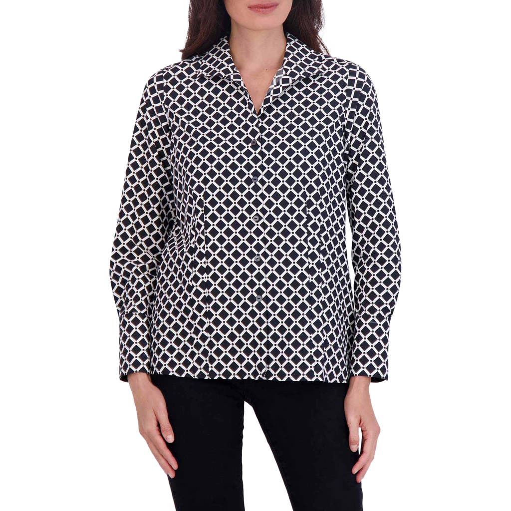 Foxcroft Katie Diamond Grid Print Cotton Button-up Shirt In Black/white