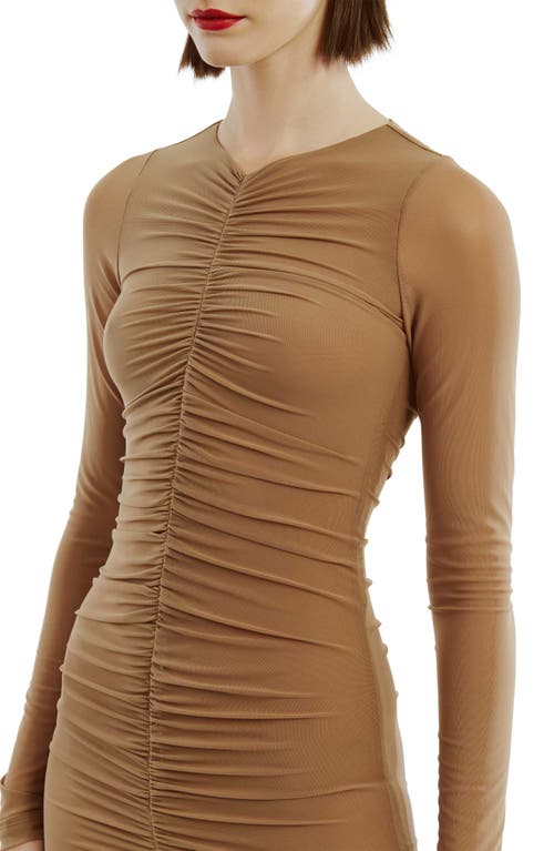 Shop Bardot Jaya Gathered Long Sleeve Mesh Body-con Dress In Tan