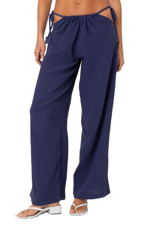 Shop Edikted Leoni Cutout Wide Leg Cotton Gauze Pants In Navy