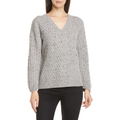 Vince Mini Cable Knit V-Neck Merino Wool Blend Sweater, Grey