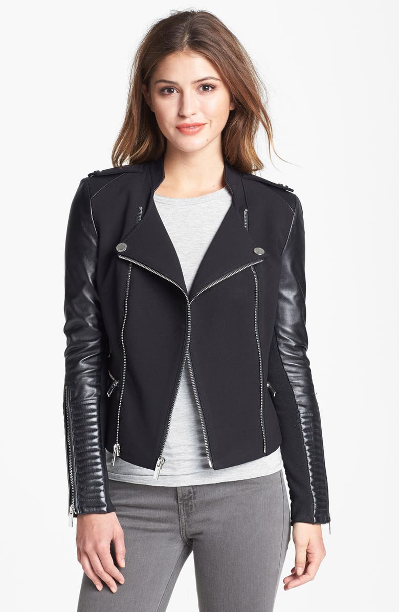 BCBGMAXAZRIA Asymmetrical Ponte & Leather Moto Jacket | Nordstrom