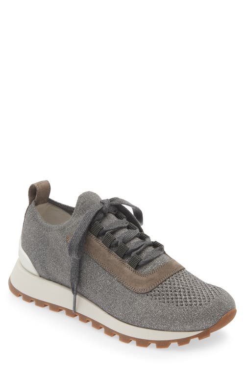 Brunello Cucinelli Monili Metallic Knit Lace-Up Sneaker Grey at Nordstrom,