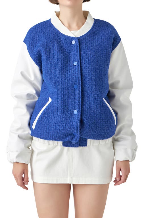 Shop English Factory Tweed & Faux Leather Bomber Jacket In Blue/white