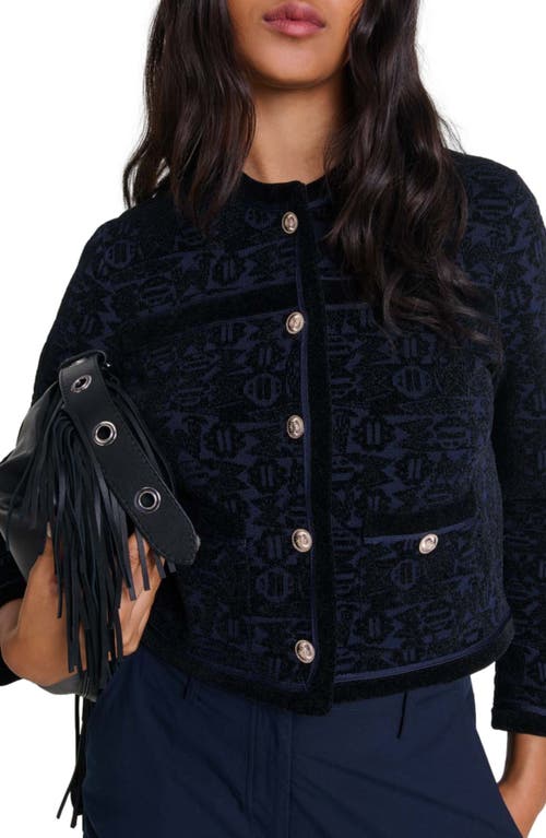 Shop Maje Velvet Knit Cardigan In Black/navy