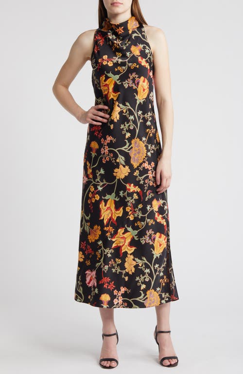 Anne Klein Floral Cowl Neck Sleeveless Satin Maxi Dress In Anne Black Multi
