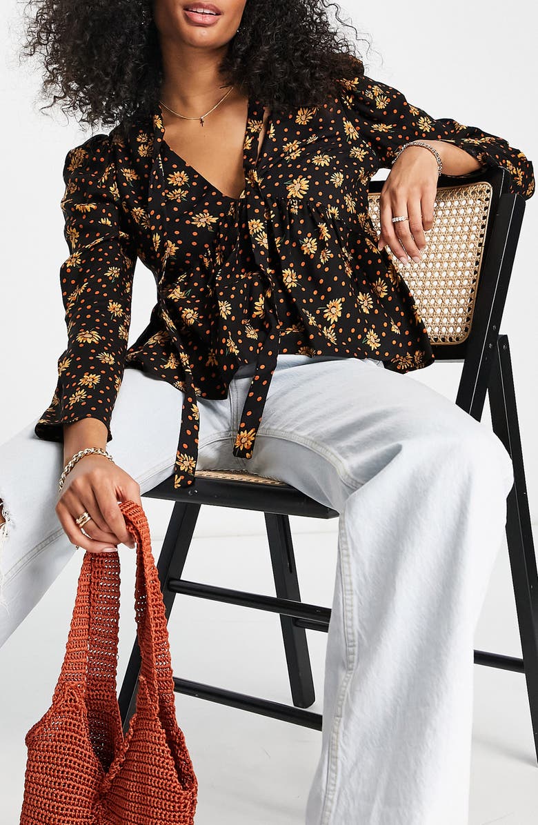 ASOS DESIGN Floral V-Neck Long Sleeve Peplum Top, Main, color, 