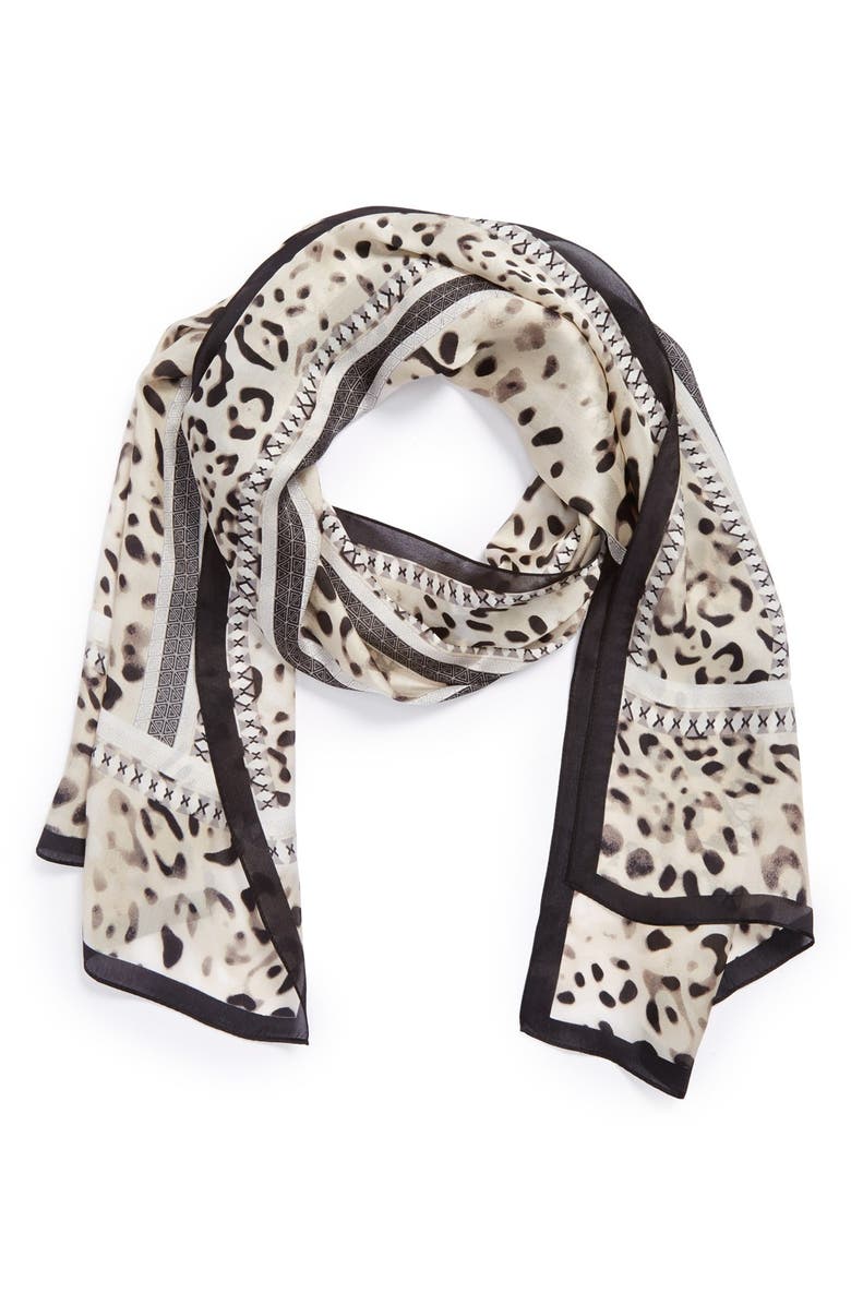VINCE CAMUTO Leopard Print Silk Scarf, Main, color, Black