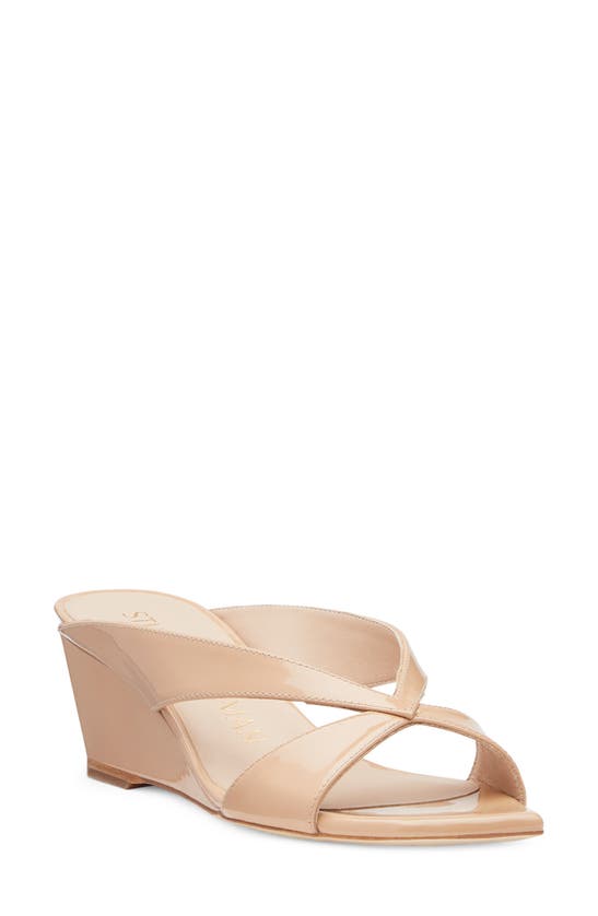 Stuart Weitzman Miami Patent Crisscross Wedge Sandals In Adobe