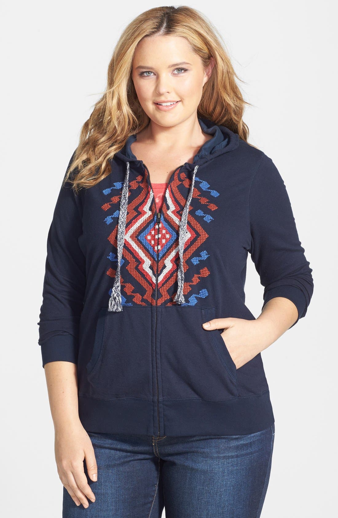 Lucky Brand Embroidered Zip Front Hoodie (Plus Size) Nordstrom