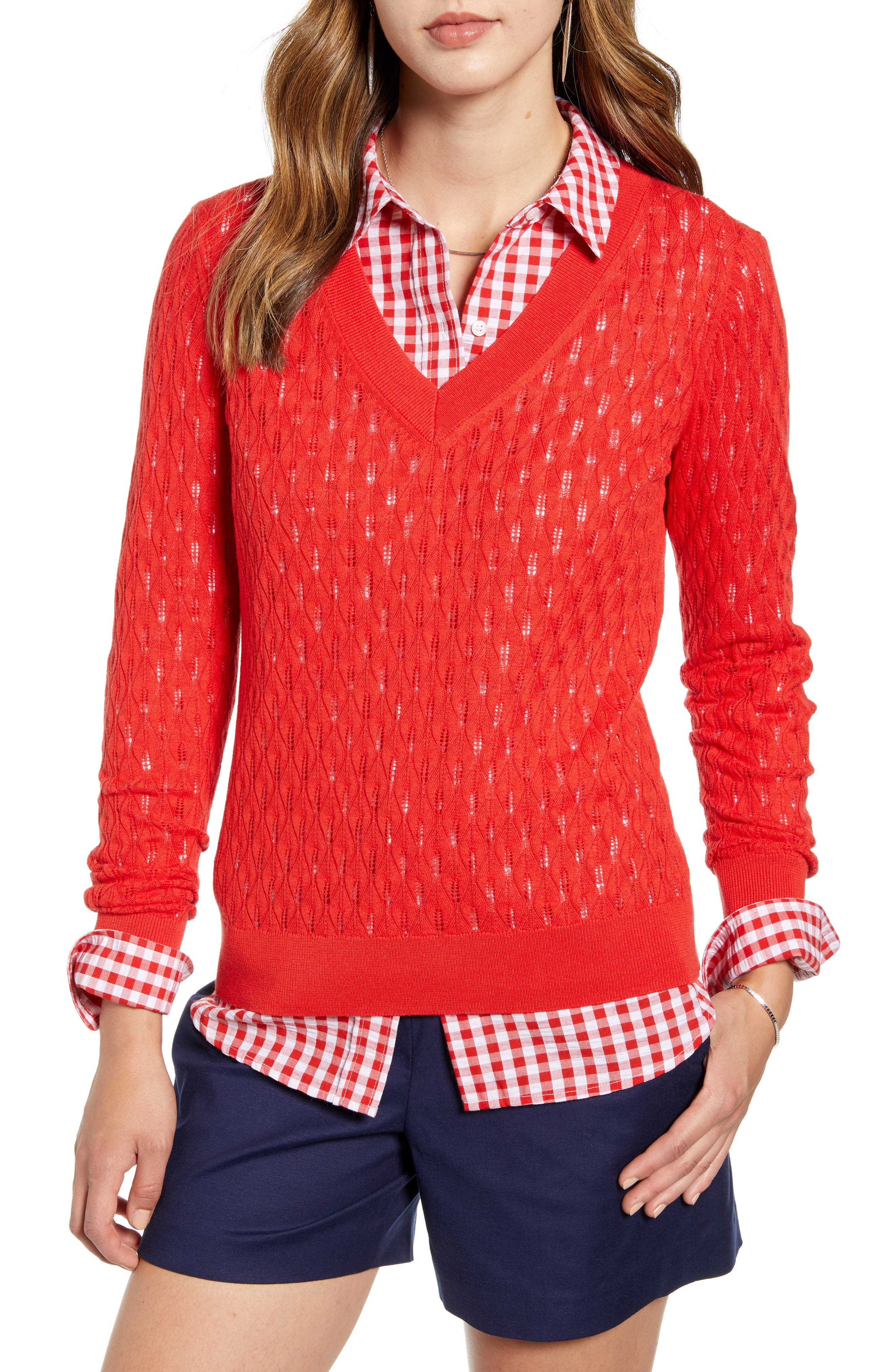 1901 V-Neck Pointelle Sweater, Red