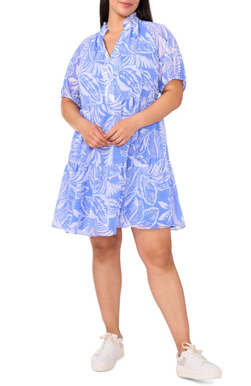 Cece Leaf Print Babydoll Dress In Blue